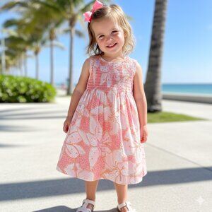 Lilly Pulitzer Pink Hibiscus Mosaic Floral Sun Dress Girls Size 4T Smocked